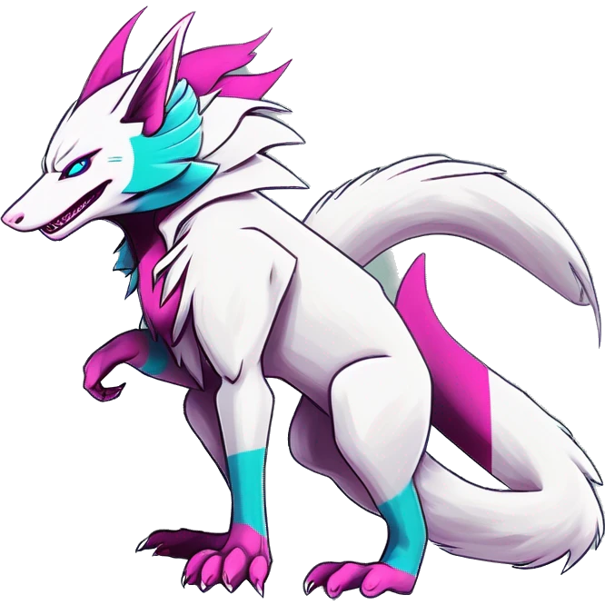 White elegant beautiful natural cute badass epic anthro modern albino sergal-vernid-Fakémon with cyan mane and magenta eyes with cyan edgy stripes, anthropomorphic, two-legged, digitigrade, full body emoji