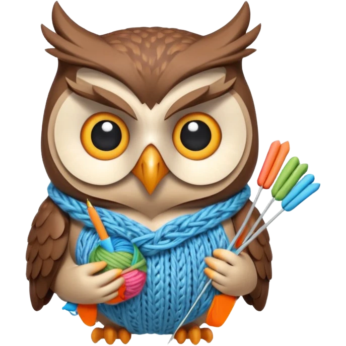 knitting owl portrait, head and shoulders only, cute owl holding knitting needles and yarn, cozy expression, warm handmade vibe, soft feathers, 3D cartoon style, mobile game icon style, clean background, no text, no watermark
 emoji