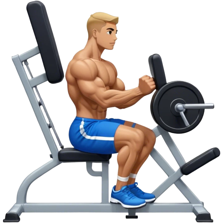 side-view bodybuilder in blue shorts seated weighted calf-raise machine on his tip toes emoji