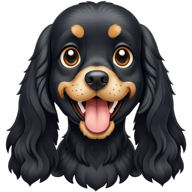 Cinematic Comical Black Cocker Spaniel Portrait Emoji, Head tilted dramatically with an exaggeratedly amused expression, featuring a shiny black coat with noticeable tan accents, wide, expressive dark eyes filled with playful disbelief, Simplified yet hilariously expressive features, highly detailed, glowing with a slightly sassy glow, high shine, dramatic yet playful, stylized with an air of cheeky mischief, bright and endearing, soft glowing outline, capturing the essence of a spirited and over-the-top companion, so meme-worthy it feels like it could side-eye its way into internet fame instantly! emoji