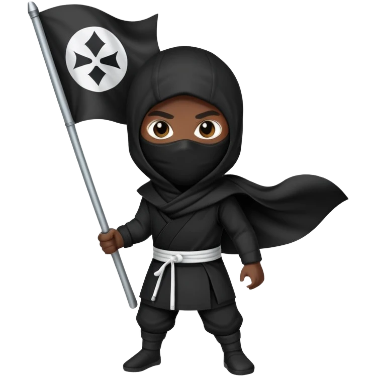 A ninja with black clothes holding a black flag with a white circle in the middle of the flag emoji