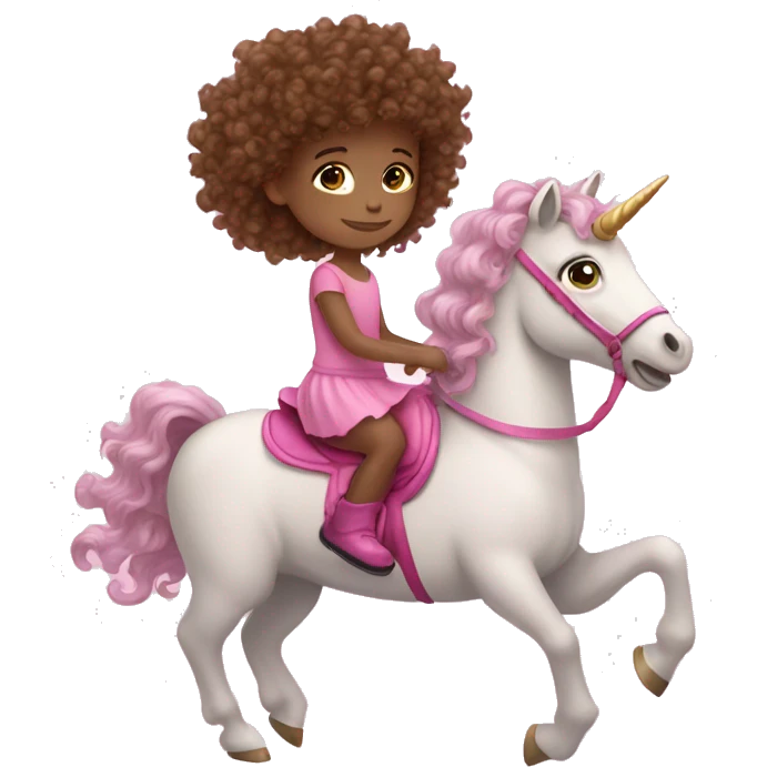 Brown curly hair light skin little girl riding a pink unicorn emoji