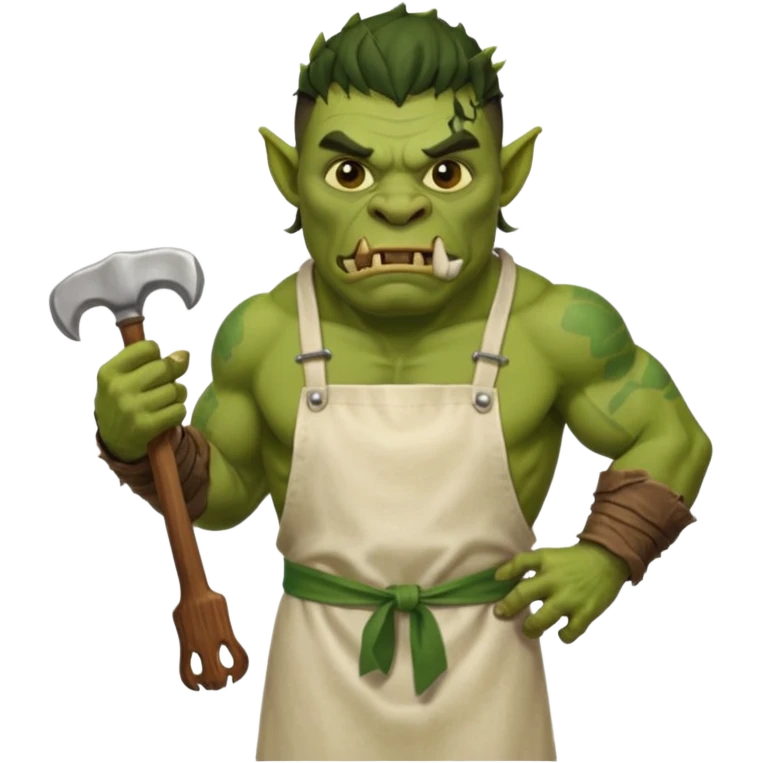 orc male Apron with "Kiss the Cook" (scratched out, replaced with "Fear the Cook"), giant rib bone as a weapon. emoji
