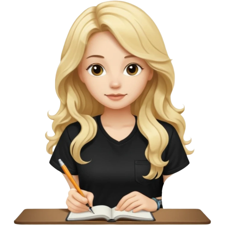 A beautiful blonde with long wavy hair in a black T-shirt sits and writes in a diary with a pen. emoji