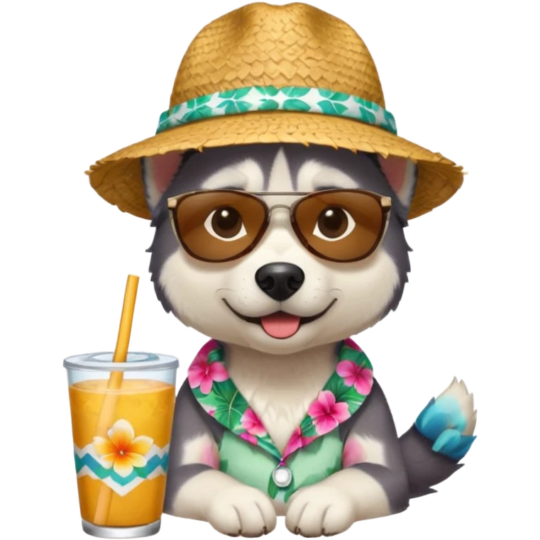 hasky with sunglasses and straw hat, hawaii shirt emoji