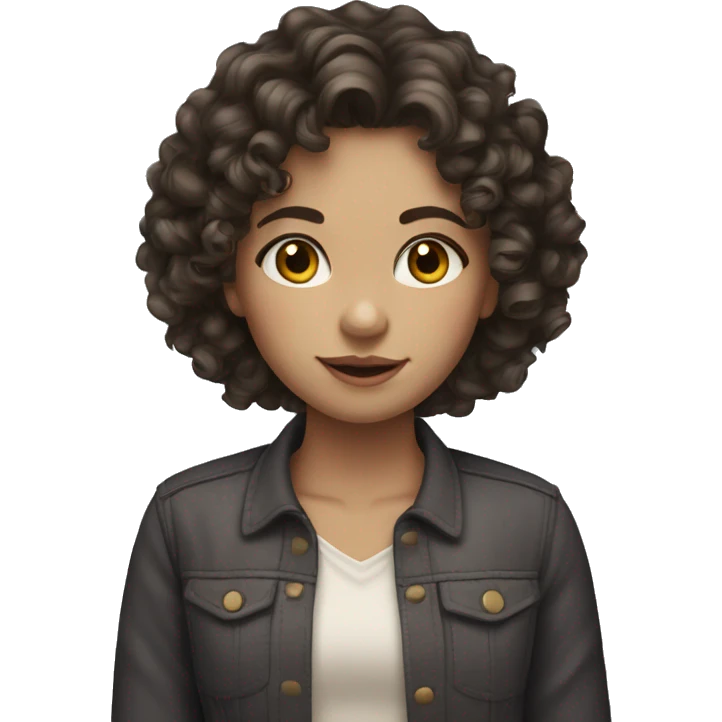 Girl with fair skin, dark eyes and dark curly/wavy hair.  emoji