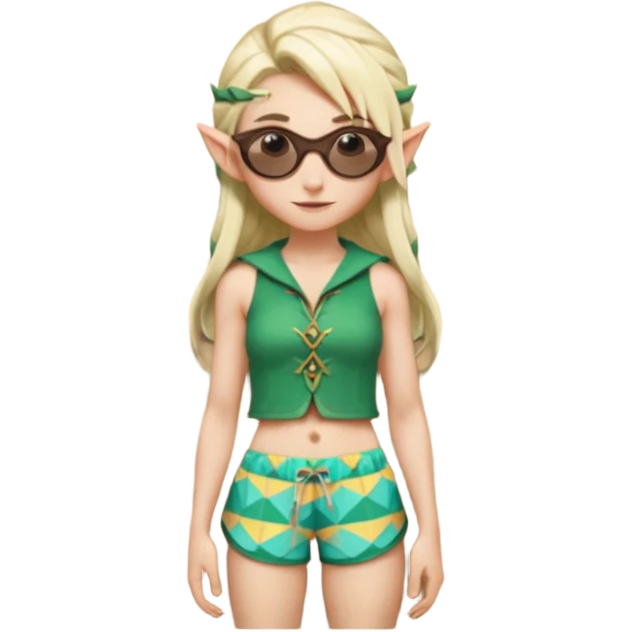elf female legolas portrait, patterned board shorts (geometric/abstract), unique wooden-framed sunglasses, undercut hairstyle, slight smirk, visible pointy ears, no background, centered emoji, hipster summer vibe coctails with hat emoji