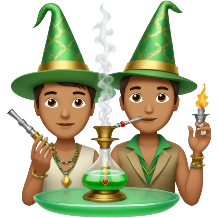 Brass hookah with green design on a glass water base on the top; with two smoke pipes where people are holding them and smoking m from the side all pouting on top emoji