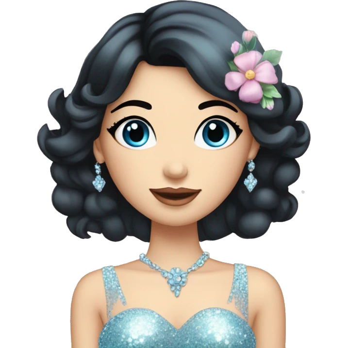 Gorgeous pastel Lady with black hair blue eyes in a sparkly shiny dress with tiara and necklace and flowers behind her and trending  emoji