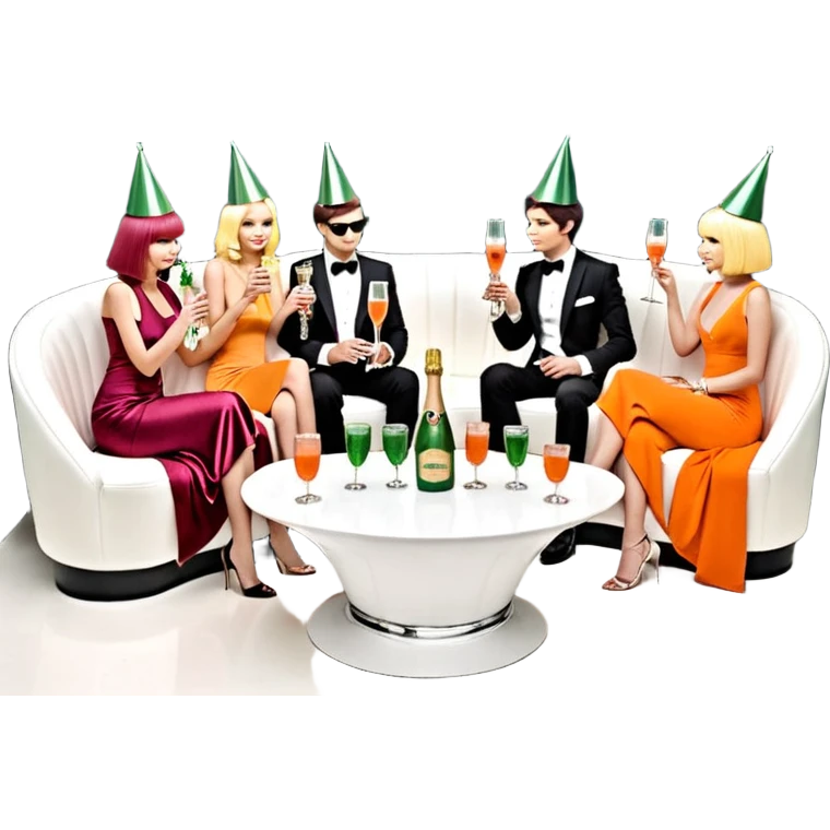 ourselves around a banquette, a long, curved sofa adjacent to two small low tables brimming with bottles of Perrier-Jouët champagne, Belvedere vodka, carafes of orange juice and cranberry juice in silver ice buckets, and neat little stacks of glass tumblers. The table is right next to the DJ booth emoji