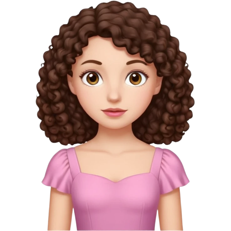 White girl with dark brown long 2C curly hair, brown almond shape eyes, small wide nose, natural lips. Cute clothnig emoji
