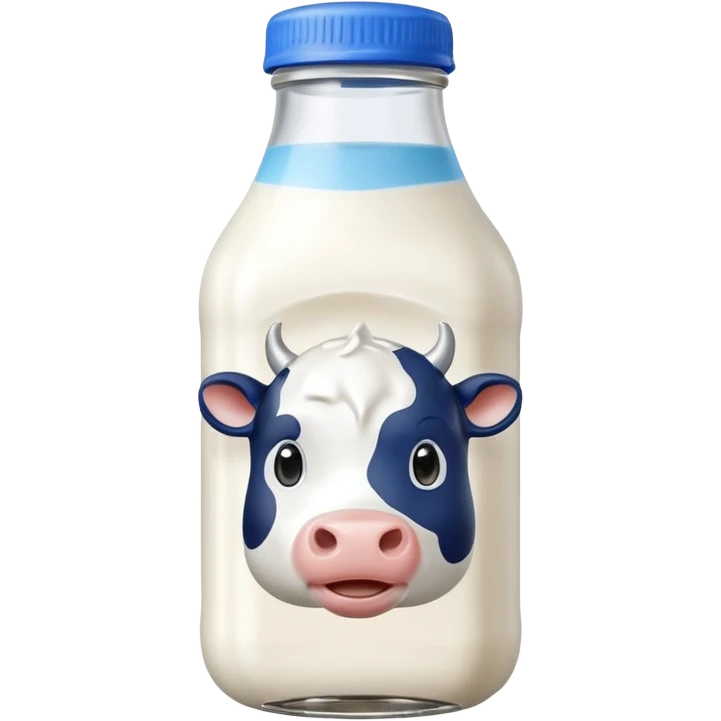 A 3D cartoon glass bottle of cow’s milk — white liquid, blue cap, clear reflections, Memoji-style rendering. emoji