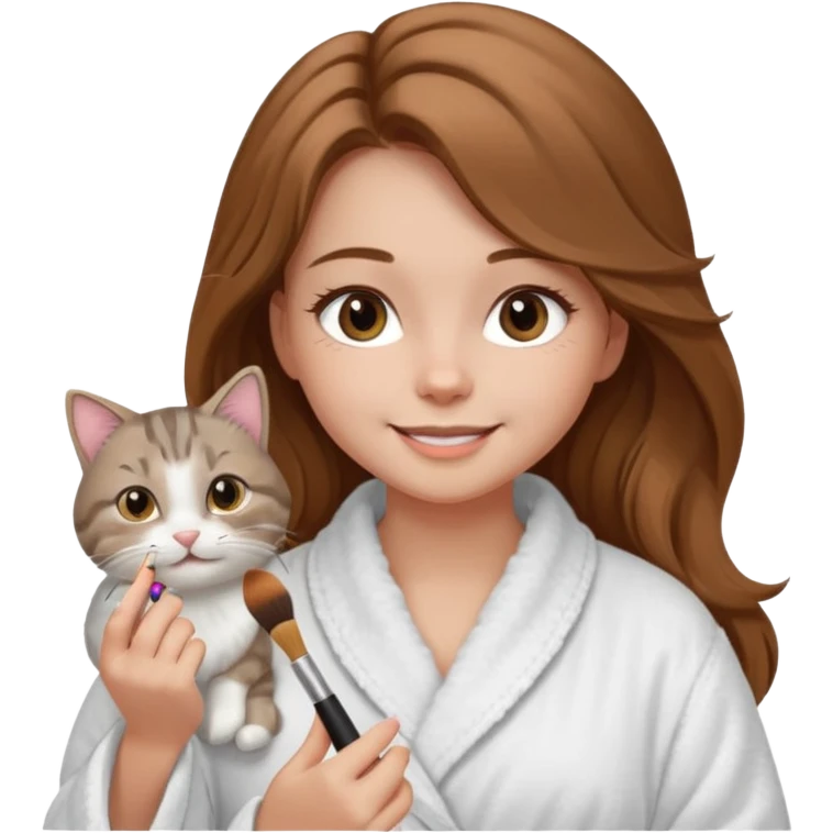 A image of a girl with light long brown hair wearing a bathrobe doing her makeup with her chubby grey tabby cat. She is smiling emoji