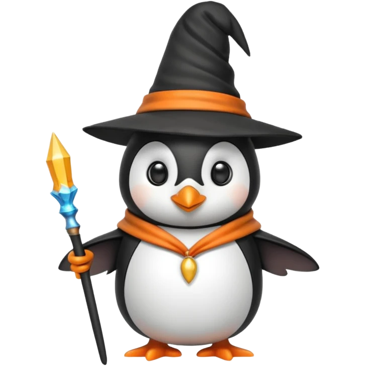 A penguin wizard with a pointy hat and a wand, looking magical and cute emoji
