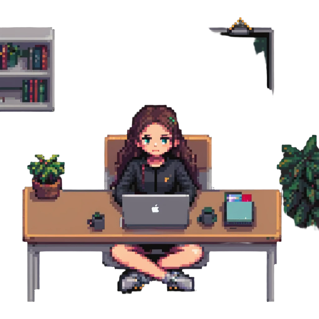 a girl sitting at a desk with a MacBook, focus on face and laptop, pixel art style emoji