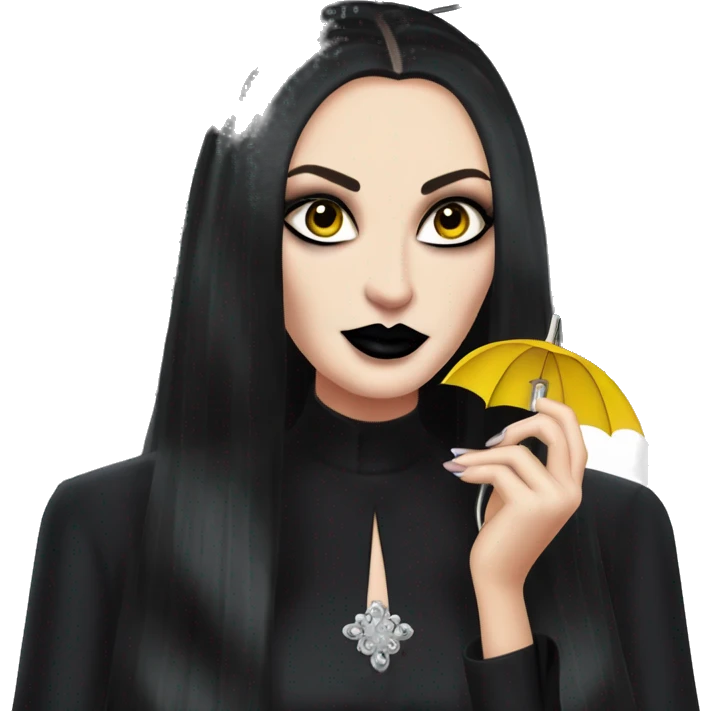 Teen Morticia Addams at a rainy funeral holding umbrella. funeral veil gloves, holding small clutch.Palm Beach Honey Barbie  emoji