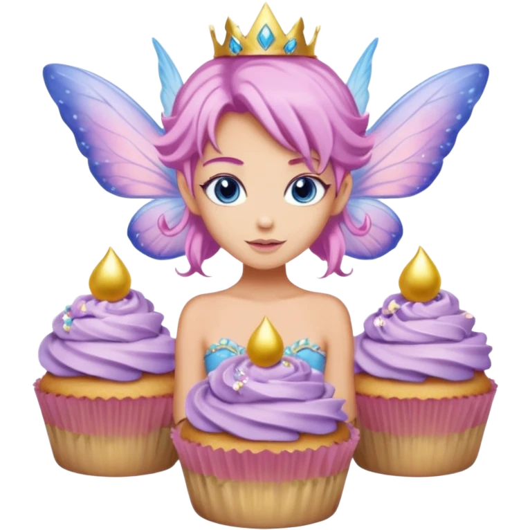 beige fairy cupcakes with yellow frosted icing on top and a enchantress fairy with tanned skin and pink hair and lilac wings and blue eyes wearing a dusky pink embellished gown decoration emoji