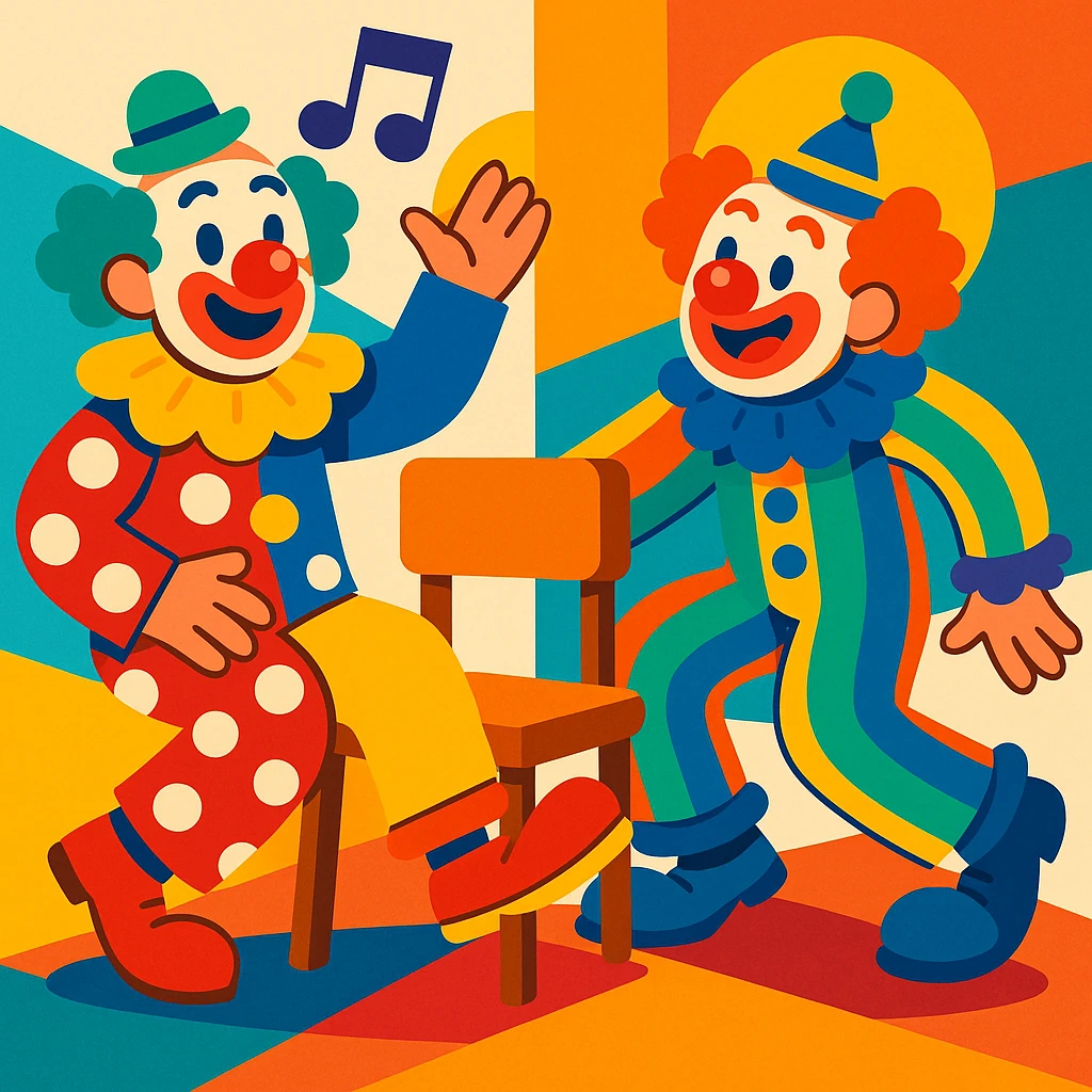 two clowns playing musical chairs, playful and colorful vibrant toon style emoji