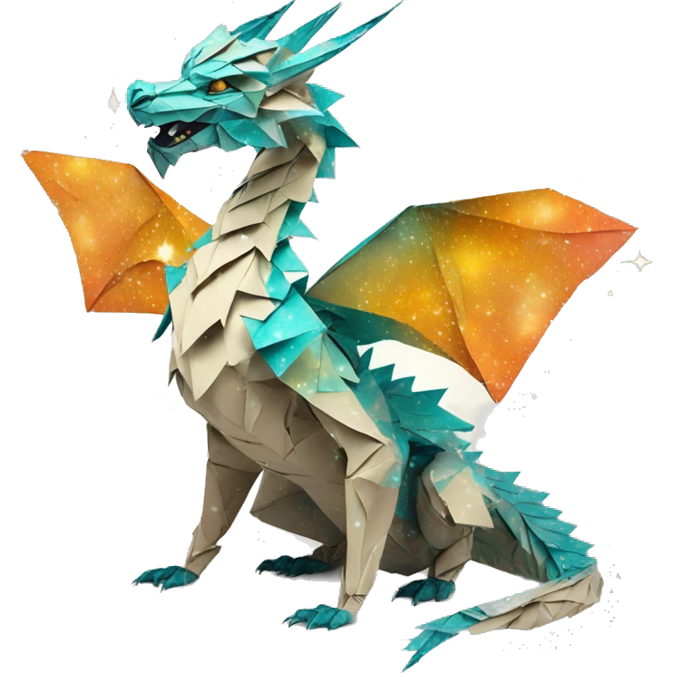 Sparkling patterned Beige Origami dragon with a dried flower crown made of newspapers intricate patterns surrounded by fairy lights nebula galaxy stars swirls iridescent orange cyan yellow emoji