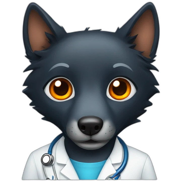 Black wolf with orange eyes wearing a blue doctor scrub emoji
