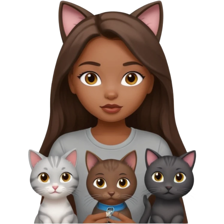 a pretty bratz dusky girl with long brown hair with four cats nd wearing a grey tshirt emoji
