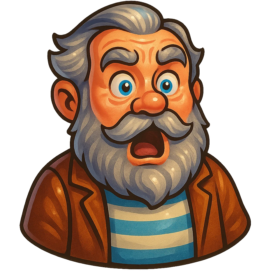 A dwarf with gray hair, a gray mustache, a gray beard, and gray eyebrows. He has blue eyes and wrinkles on his forehead. He is wearing a striped t-shirt and a brown jacket. The dwarf is displaying a surprise emotion. emoji