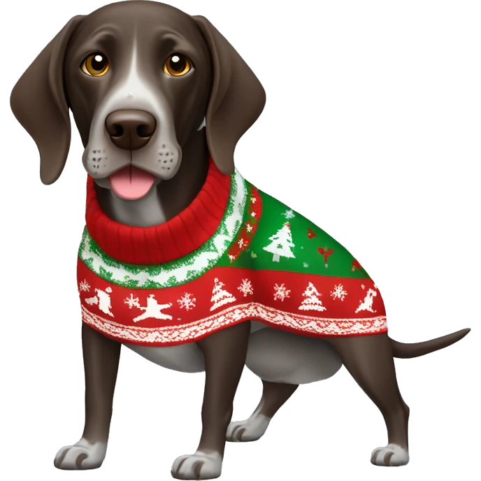 Zoomed out German shorthaired pointer wearing Christmas sweater  emoji