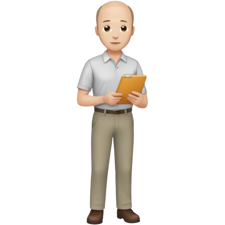 man, mid 40's shirt and trousers balding hairline, full body, standing, holding a clipboard emoji