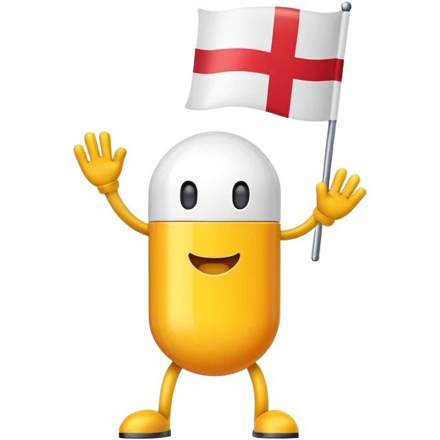 A pill with arms and legs waving a flag emoji