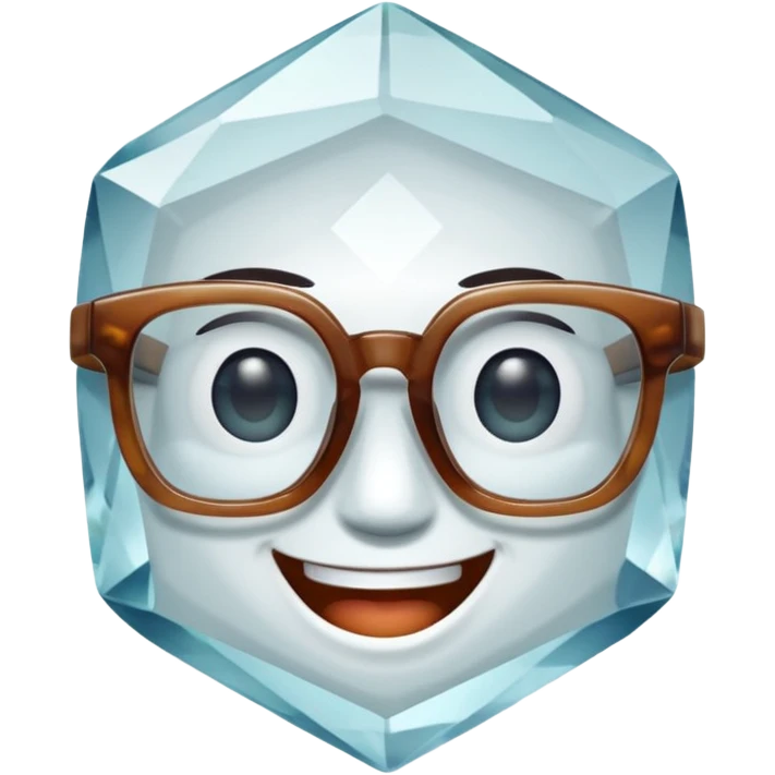A single crystal gemstone character wearing glasses, chunky and irregular with faceted very sharp sides, smile, , high detail, soft lighting, centered on a plain dark background emoji