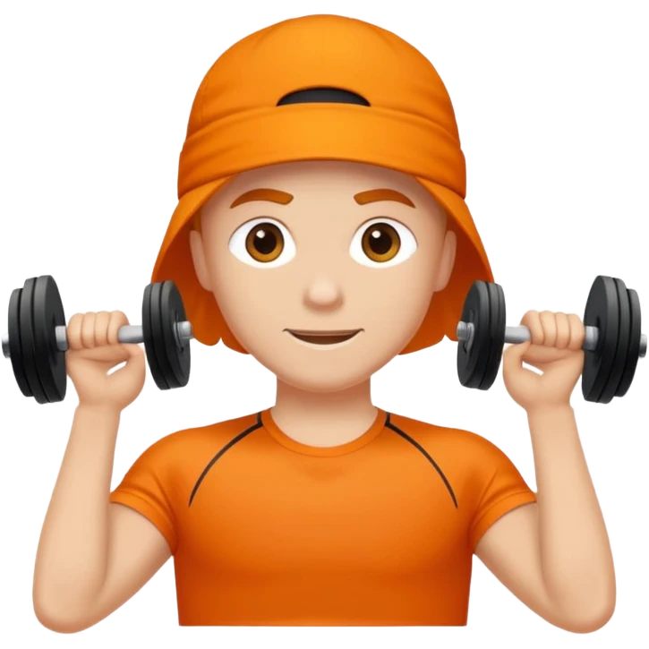 Mach mir einen glücklichen typen der im gym trainert und viele muskeln hat mit einem orangen sport thshirt und schwarzen kurzen haaren emoji
