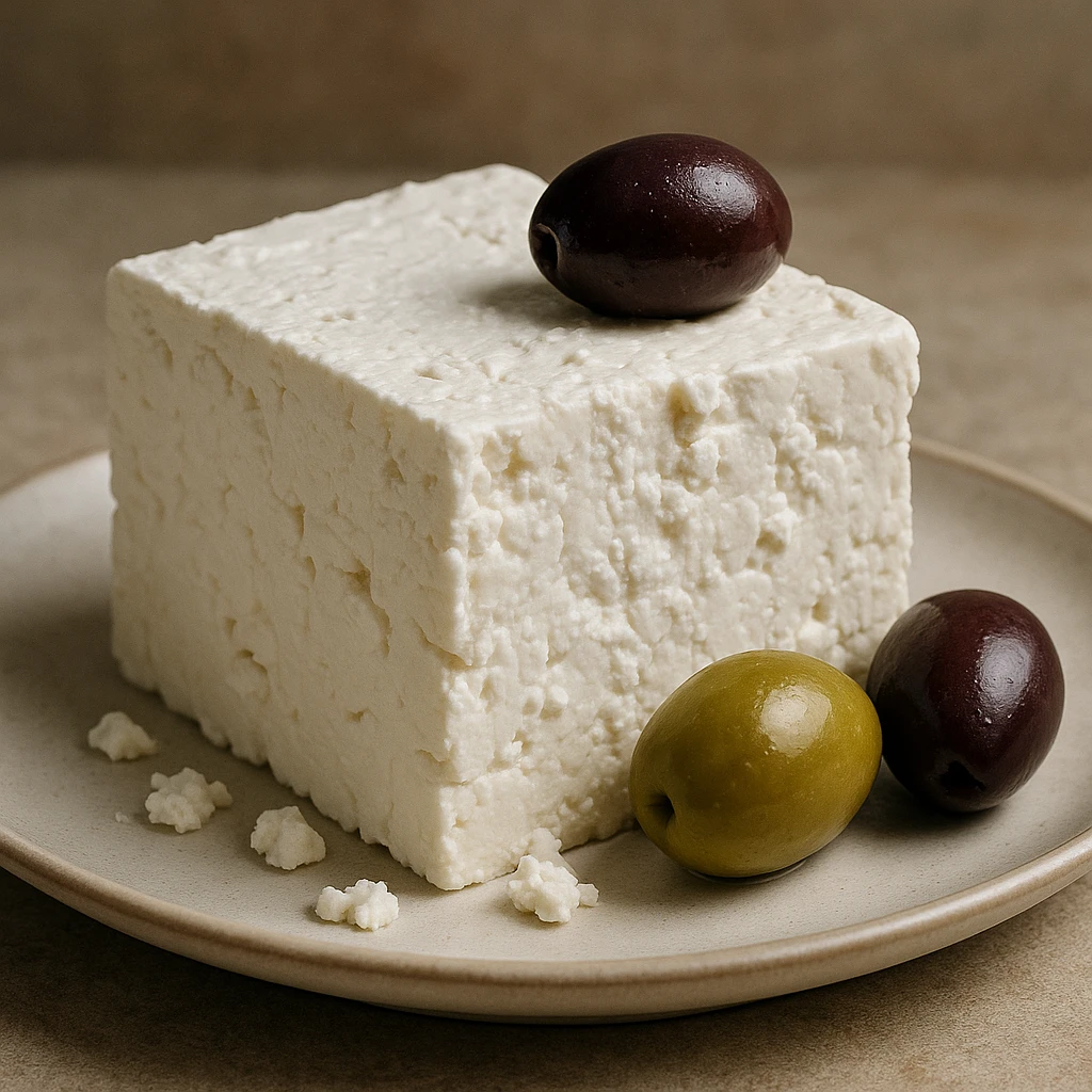 feta cheese, realistic style, white cheese block with crumbly texture, olive garnish, on a plate emoji