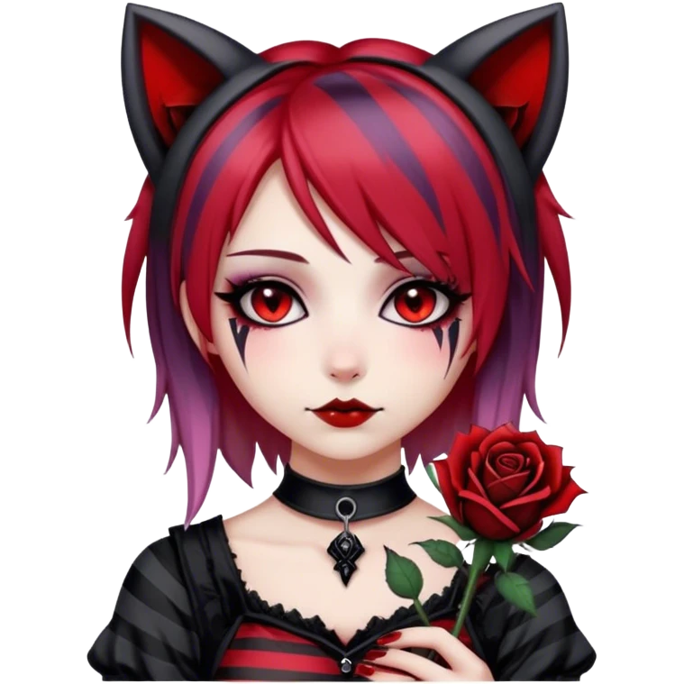Bloody black rose anime gothic emo  beautiful gorgeous cool edgy cute lady with cat ears, gradient black-and-red-striped hair emoji