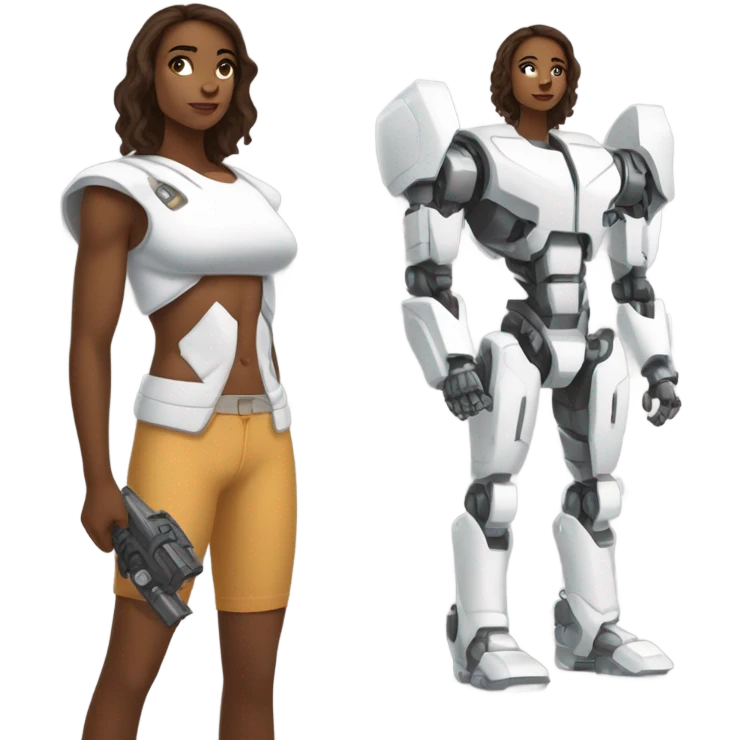Uma menina jovem, musculosa, de cabelo castanho com uma mecha branca, pele branca, sardas e um top branco emoji