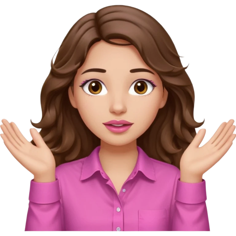 girl with long wavy brown hair, brown eyes, light to medium complexion, in a pink shirt, pink lips, long lashes, puckered lips, both hands all the way up with hands up to the sky emoji