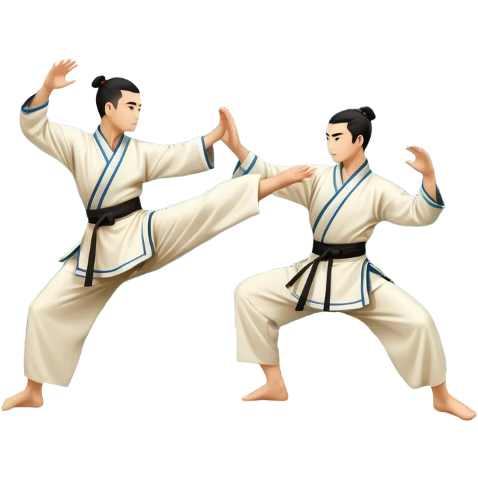 Two martial artists in traditional Wushu attire, performing elegant, fluid moves. The background shows a peaceful, scenic landscape with mountains and bamboo trees, symbolizing the balance of power and grace in Wushu.  emoji