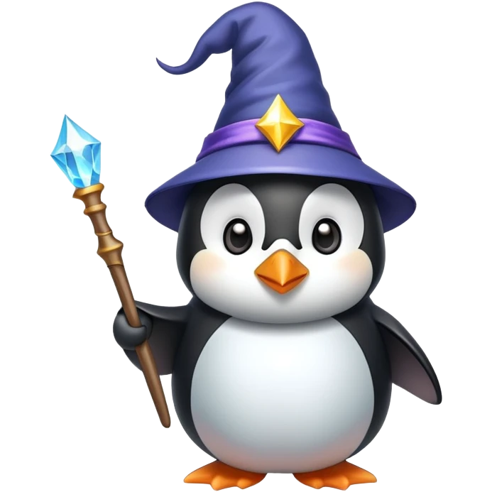 A cute penguin wearing a wizard hat and holding a magic wand emoji