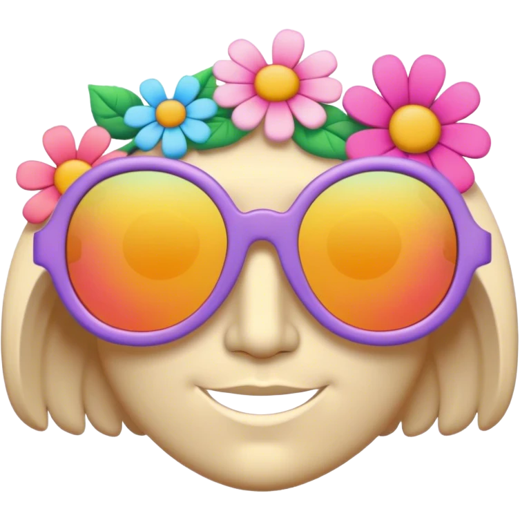 3D, psychedelic colored hippie sunglasses with hippie style flower border emoji