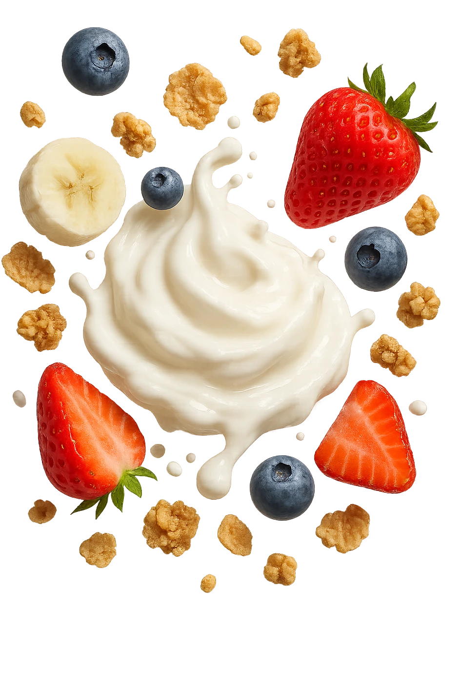 Yogurt, frutta, cereali FLUTTUANO IN ARIA, iperrealistica 4k emoji