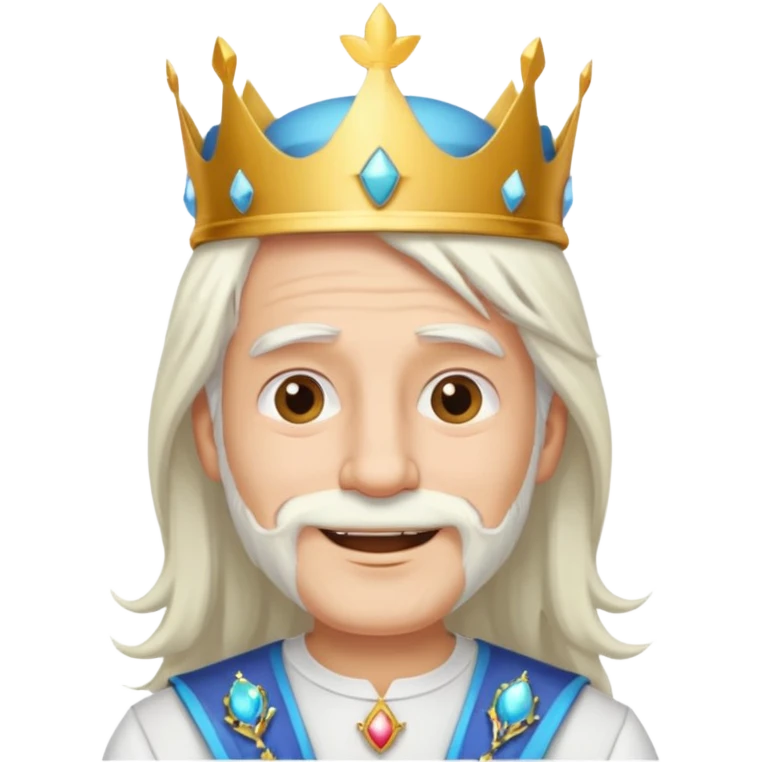 a smiling man with long white hair and has no beard wearing a white smart shirt and a crown emoji