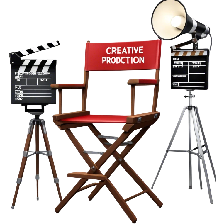 Icon for Directing: a director's chair, a film slate, a megaphone, and a stage set with lights. The icon should represent the creative and leadership aspects of directing, with focus on film and theater production. Transparent background. emoji