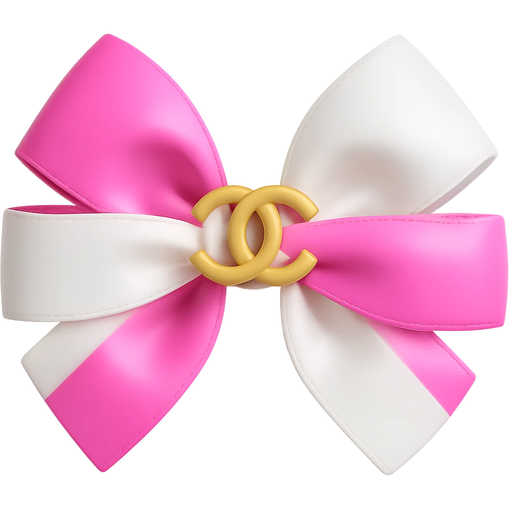 Change the bow to pink and white, keep the gold Chanel logo, glossy, 3D emoji style. Remove the background. emoji