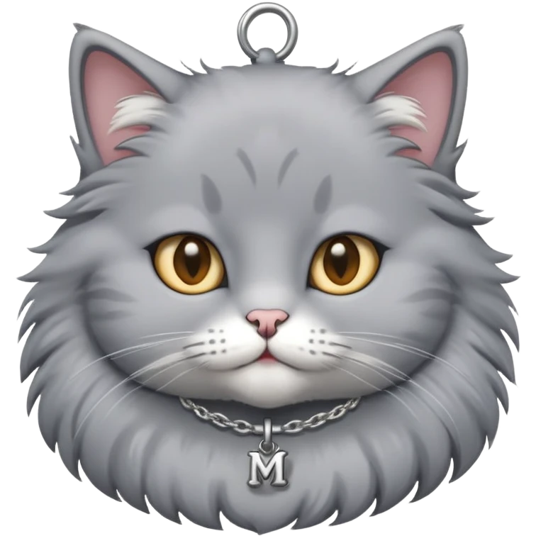 gray cat with an “M” necklace emoji