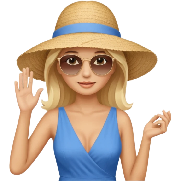 
blonde in light big beach elegant hat holds hat and with second hand holds sunglasses on face emoji