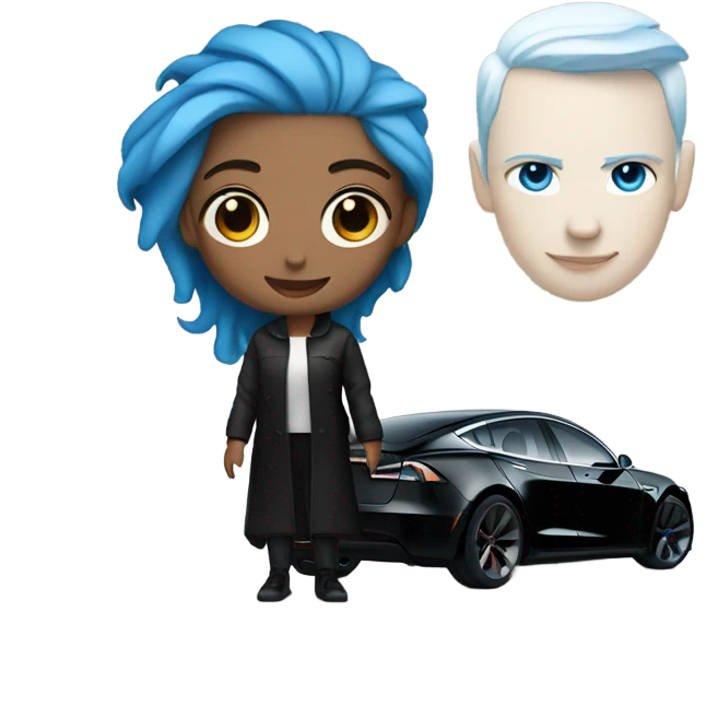 white skin girl with blue hair in black clothes standing next to tesla car emoji