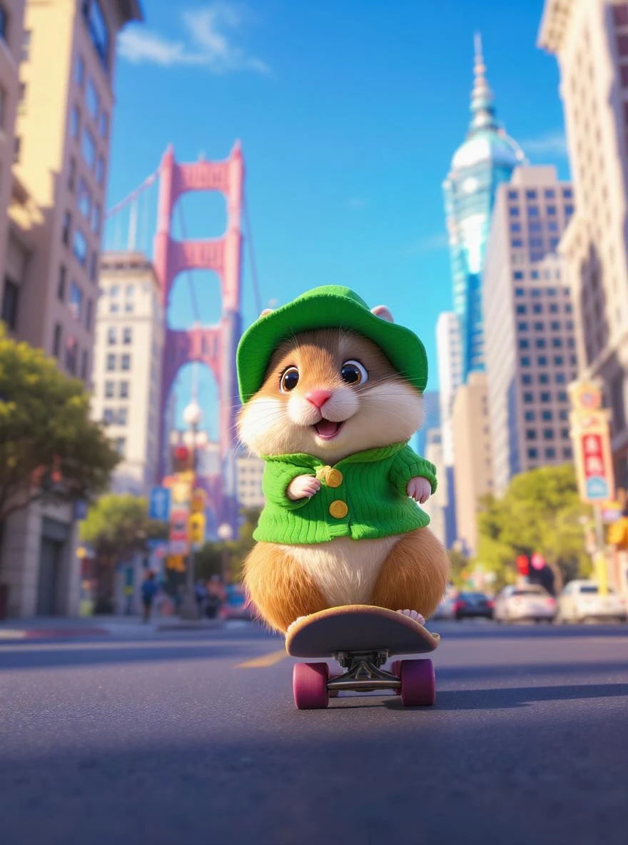 Disney style Cinematic still scane, Low angle shot, hamster dress in green outfit, hamster ride on skateboard, san francisno downtown with city lanscape, blue clean sky, captured by ARRI Alexa XT, soft cinematic lightning, back light, inspired by ToyStory 4 emoji