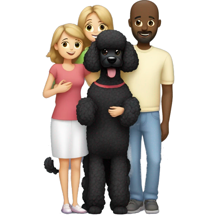 European Mom, dad and daughter hug black poodle emoji