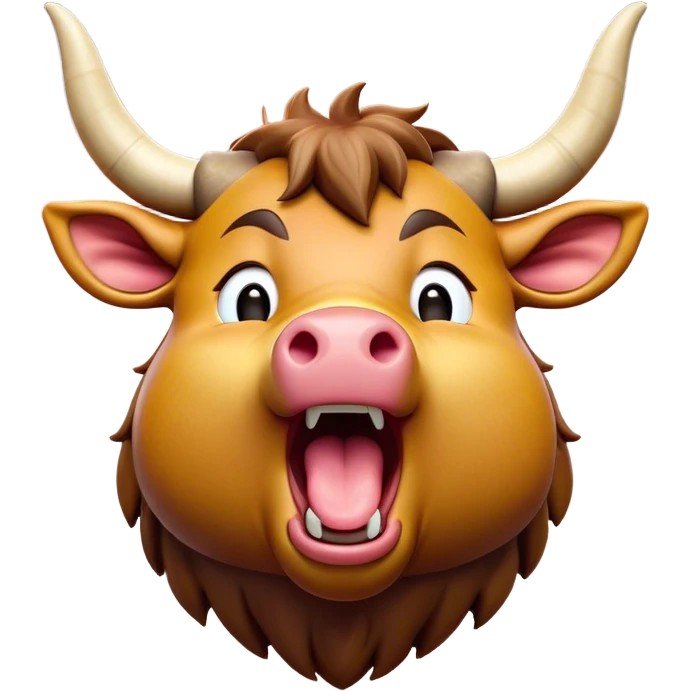 Cinematic Cute Yawning Domestic Ox Portrait Emoji, Head tilted slightly with a dramatic, wide-open yawn, showcasing a soft, textured hide with drooping horns and half-closed, drowsy eyes, Simplified yet irresistibly adorable features, highly detailed, glowing with a soft, cozy natural glow, high shine, relaxed yet expressive, stylized with a dash of pastoral whimsy, soft glowing outline, capturing the essence of a sleepy yet affectionate ox that seems ready to stretch out for a nap! emoji