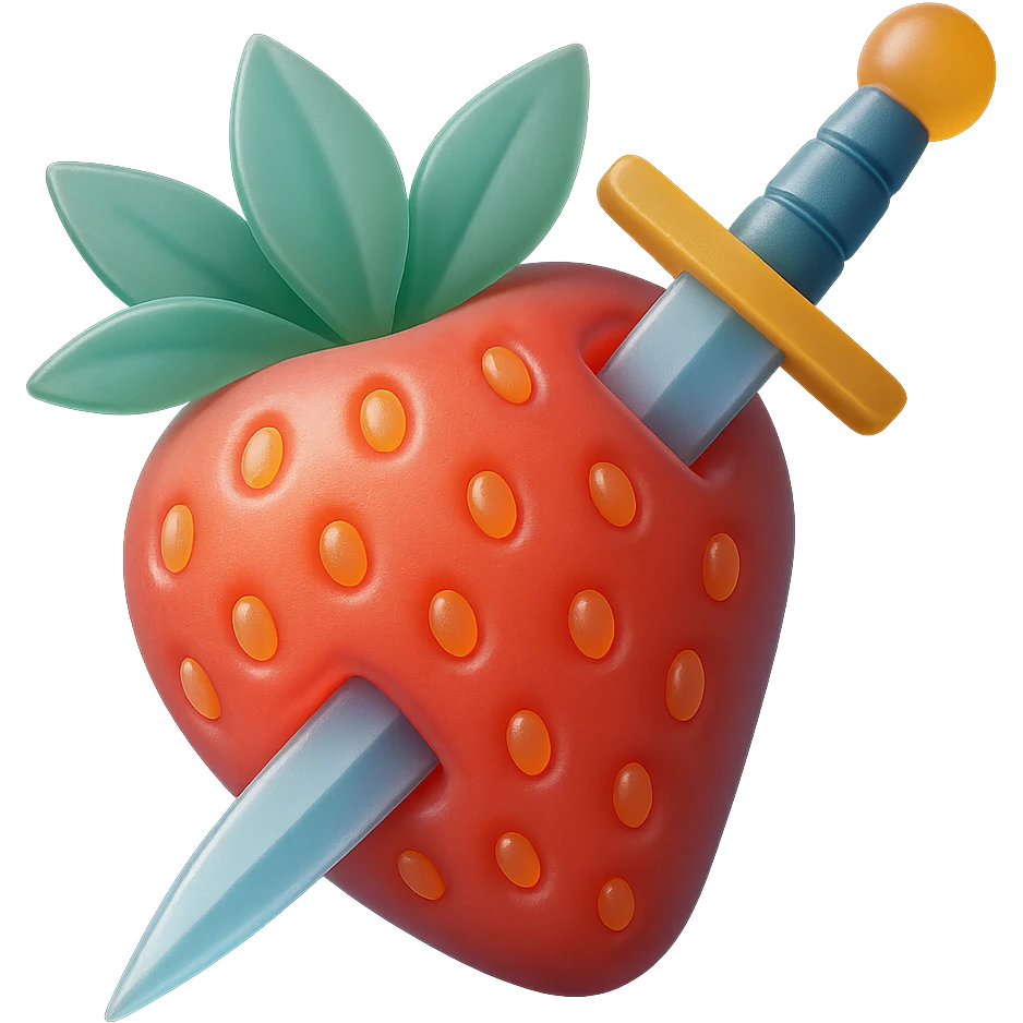 Make this strawberry with a sword piercing through it look more 3D with depth and shading, keeping it playful and vibrant, with no background. emoji