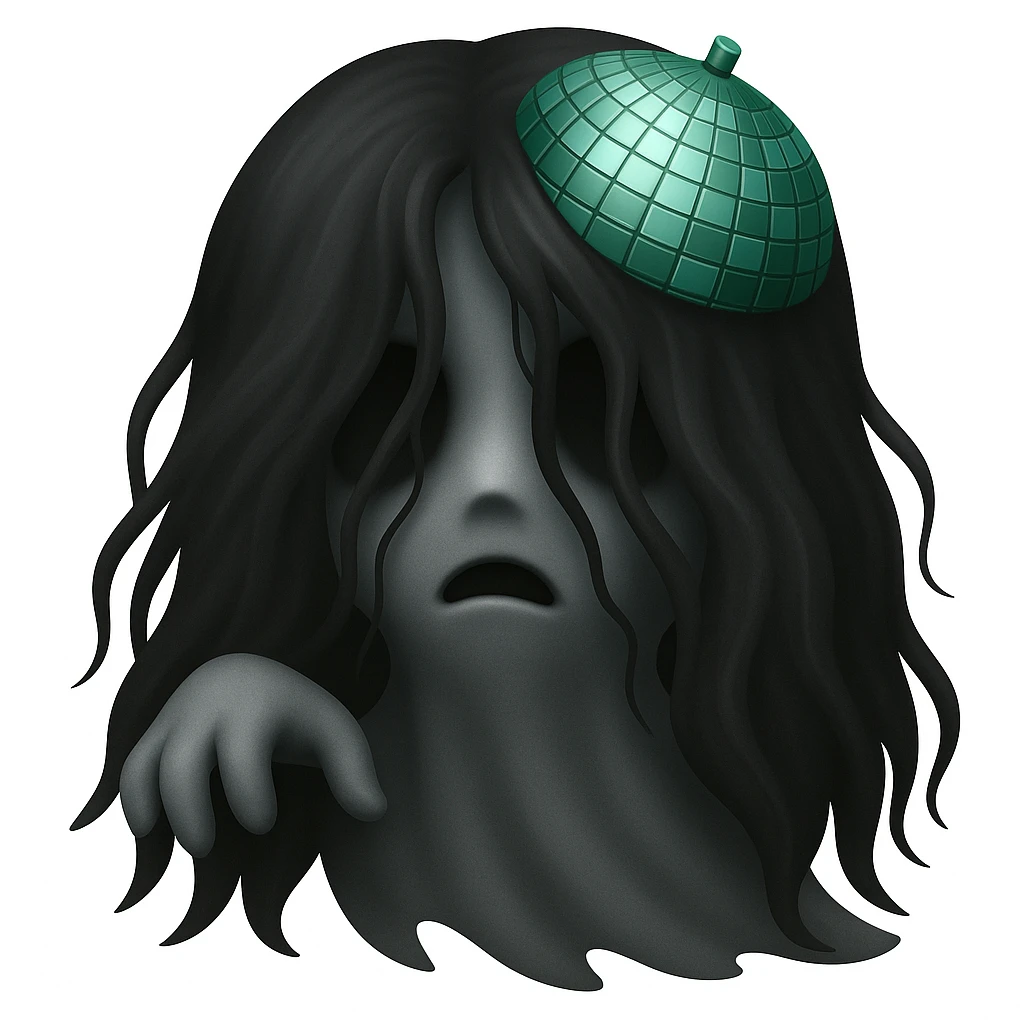 Turn the girl with green disco ball into a ghost, using the reference photo for ghostly hair and pose, keep the disco ball green, in the style of emoji style. emoji